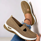 Slip on walking shoes for women, view of the embossed rubber outsole and round toe box
