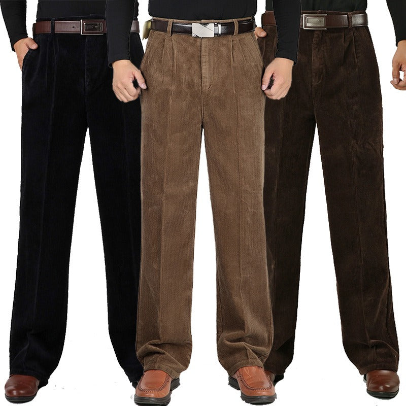 Corduroy pants for men shown full length on a model