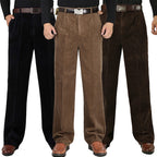 Corduroy pants for men shown full length on a model
