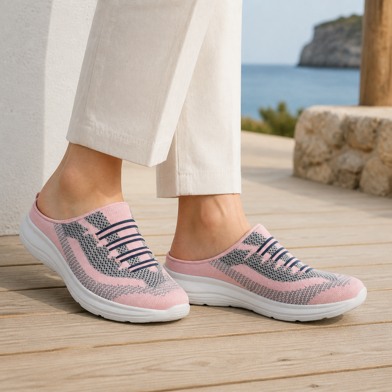 Pink mesh knit slip on sneakers for women, side view