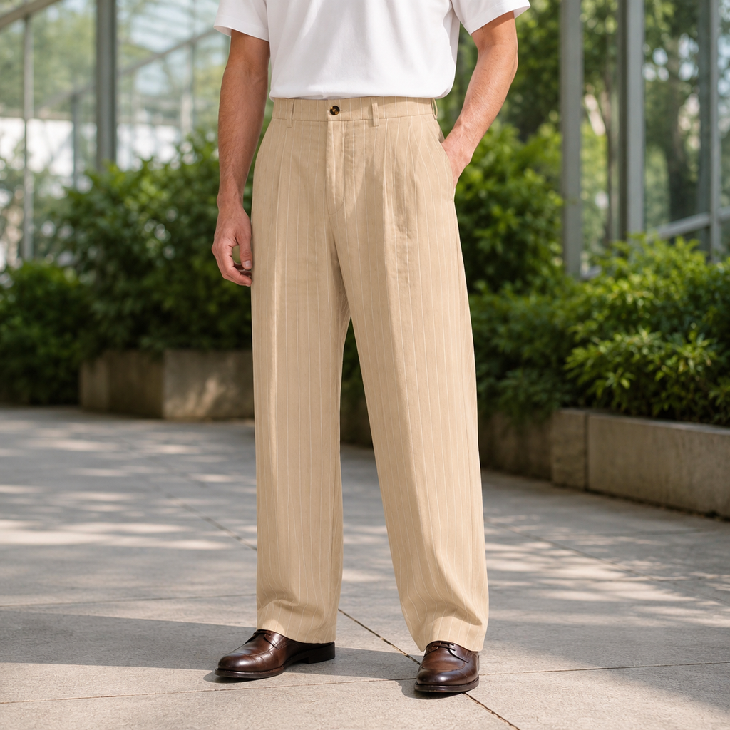 Khaki pinstripe wide leg pants for men, front view of the full leg