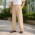 Khaki pinstripe wide leg pants for men, front view of the full leg