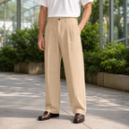 Khaki pinstripe wide leg pants for men, front view of the full leg