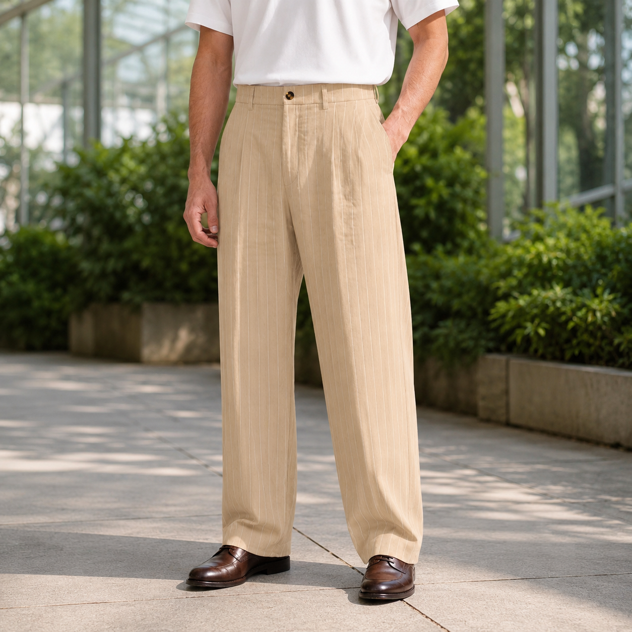 Khaki pinstripe wide leg pants for men, front view of the full leg