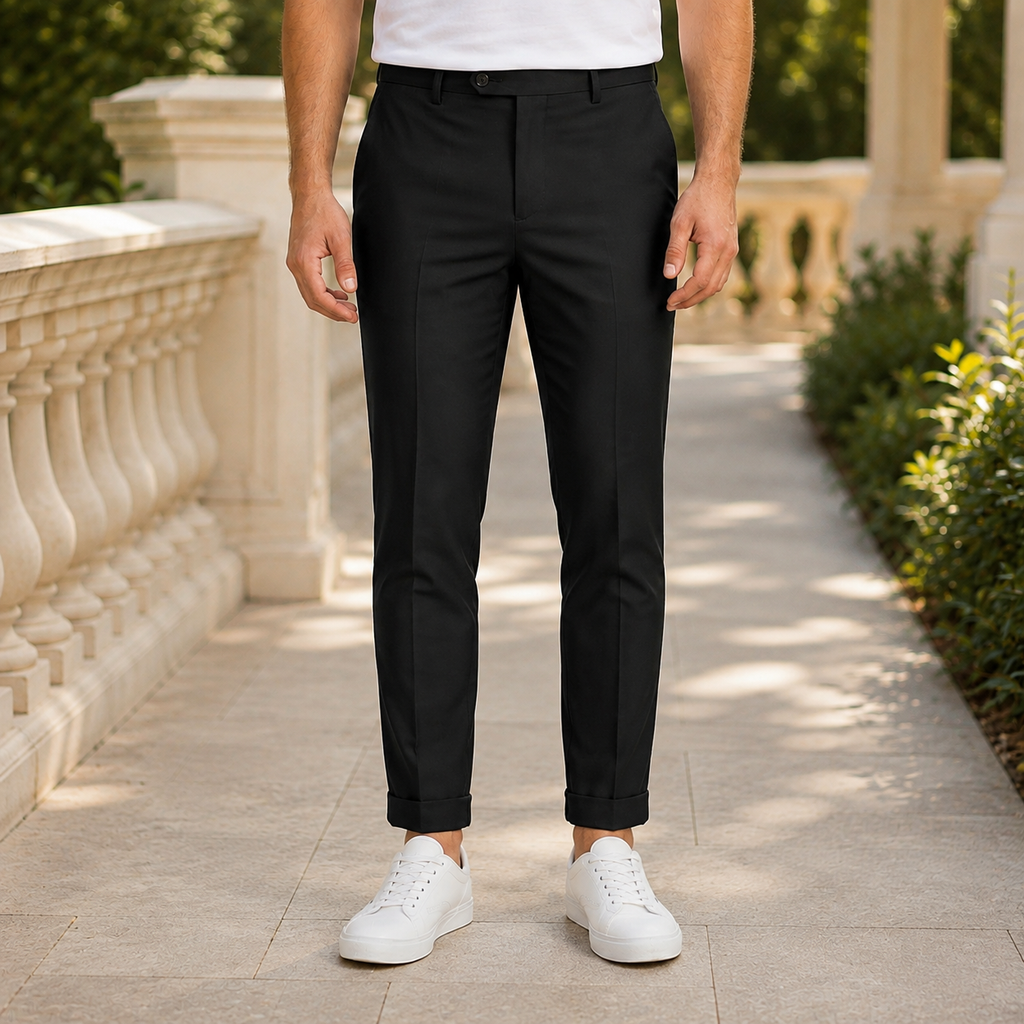 Black tailored pants for men, front view of the slim tapered leg