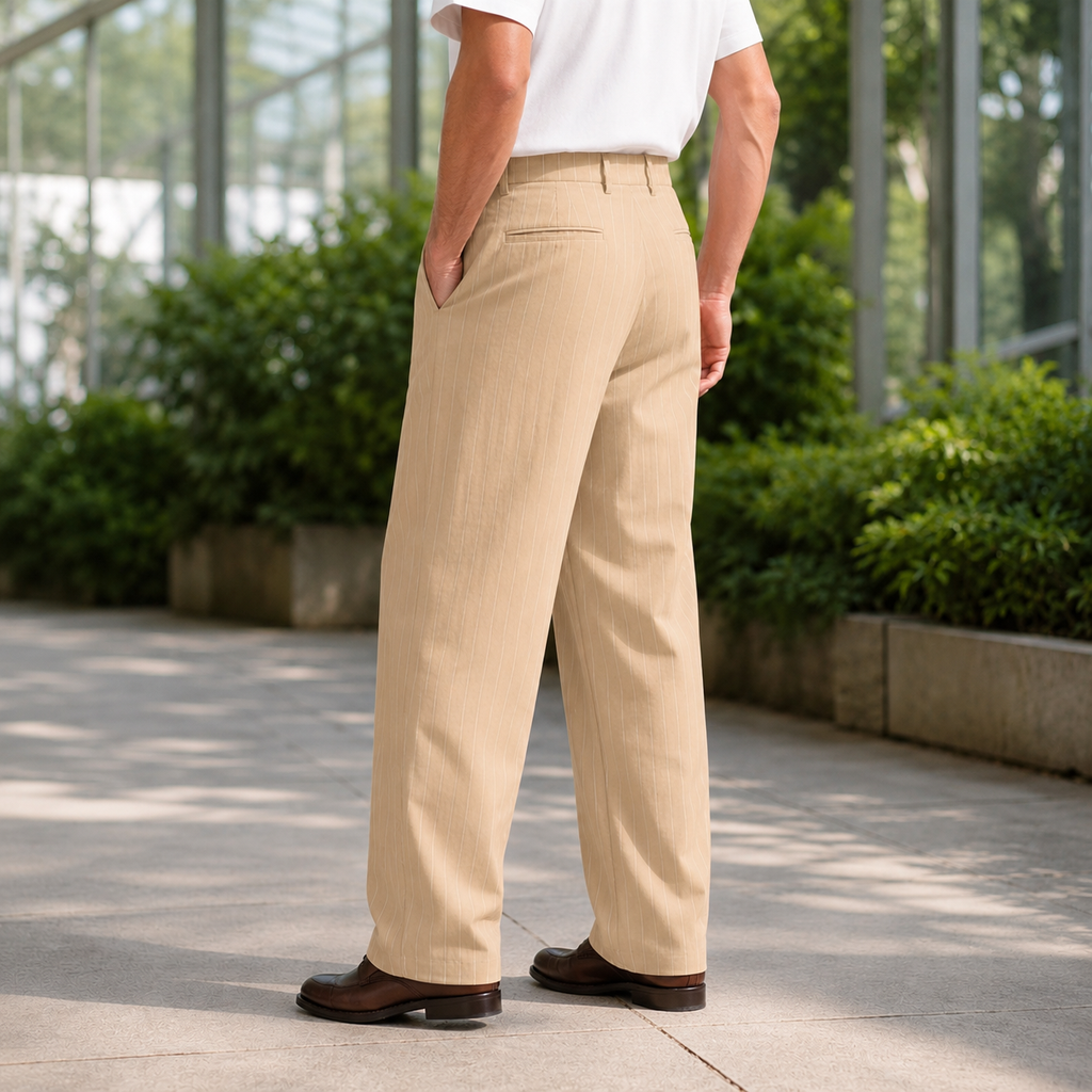 Wide leg pants for men, close-up of the vertical pinstripe cloth