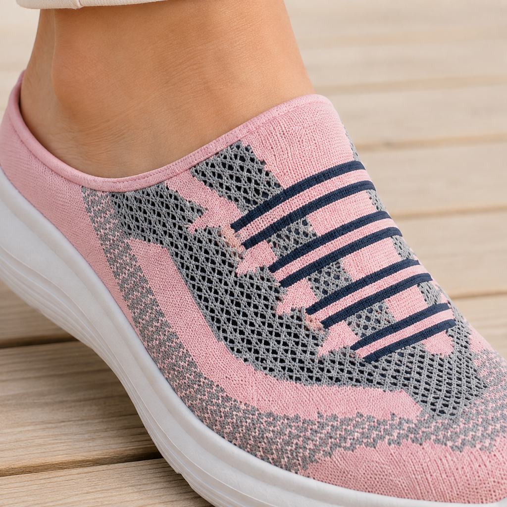 Slip on sneakers for women, close view of the striped vamp band and cushioned sole