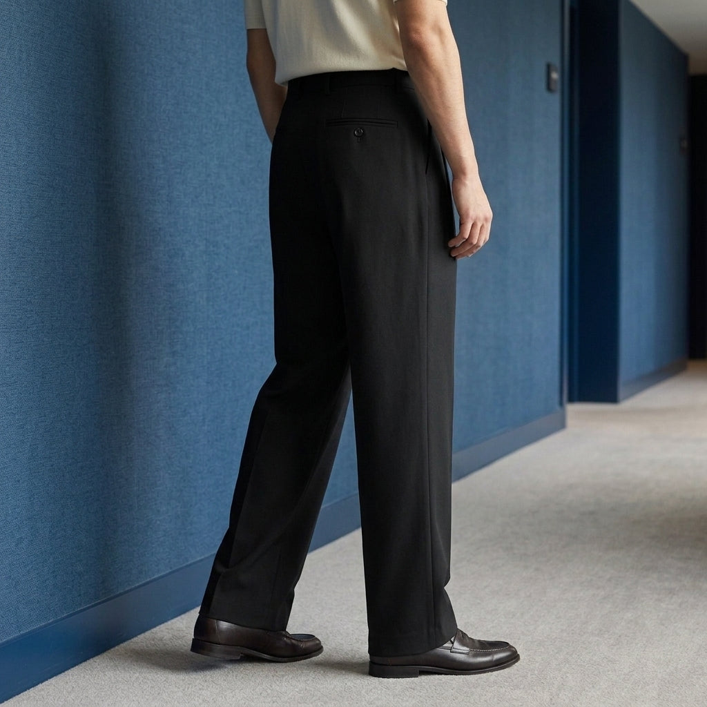 Men's wide leg pleated pants, close view of the pleated front and waistband
