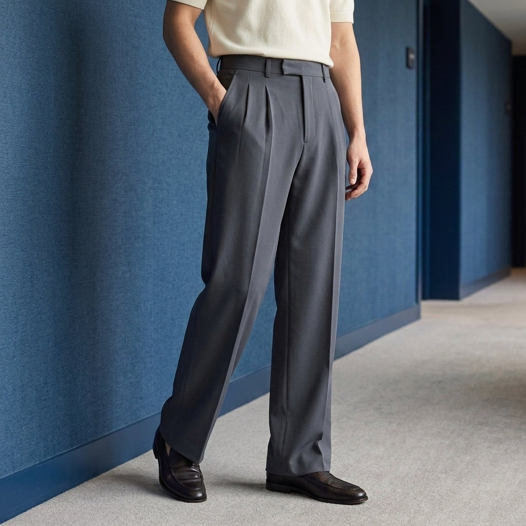 Men's wide leg pleated pants in Dark Gray, full-length front view