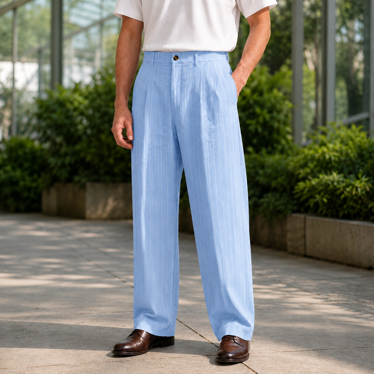 Light blue pinstripe wide leg pants for men, front view