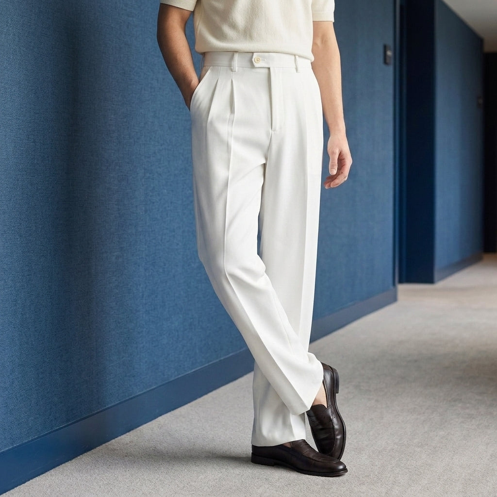 Men's wide leg pleated pants in White, full-length front view