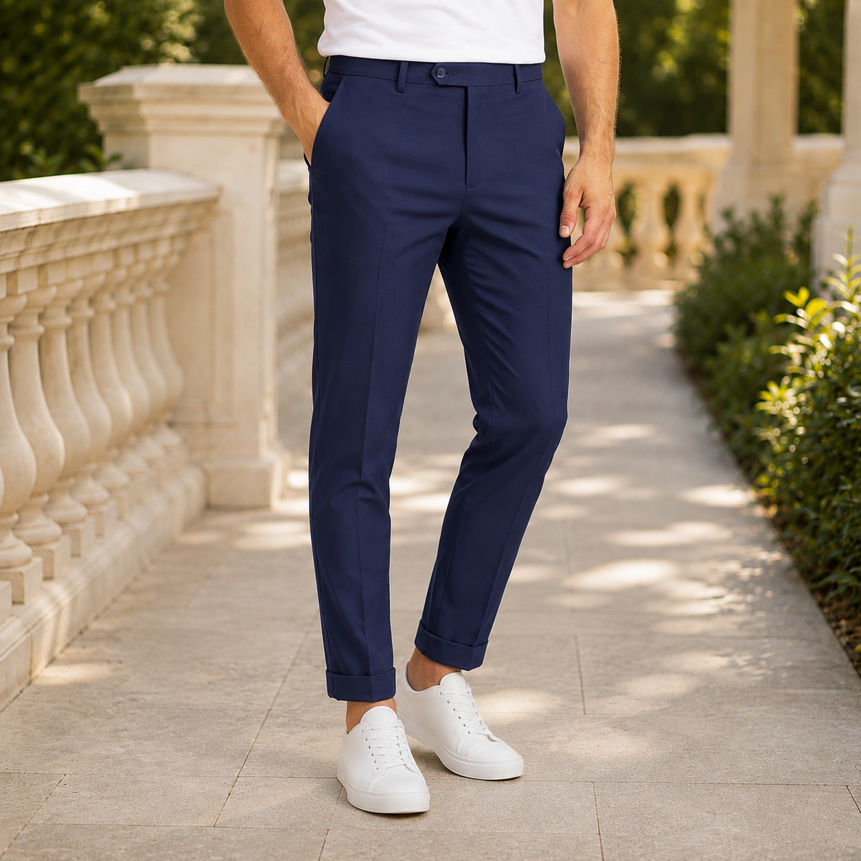 Blue tailored pants for men, front view