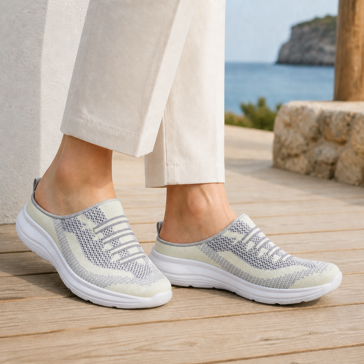 Beige mesh knit slip on sneakers for women, side view