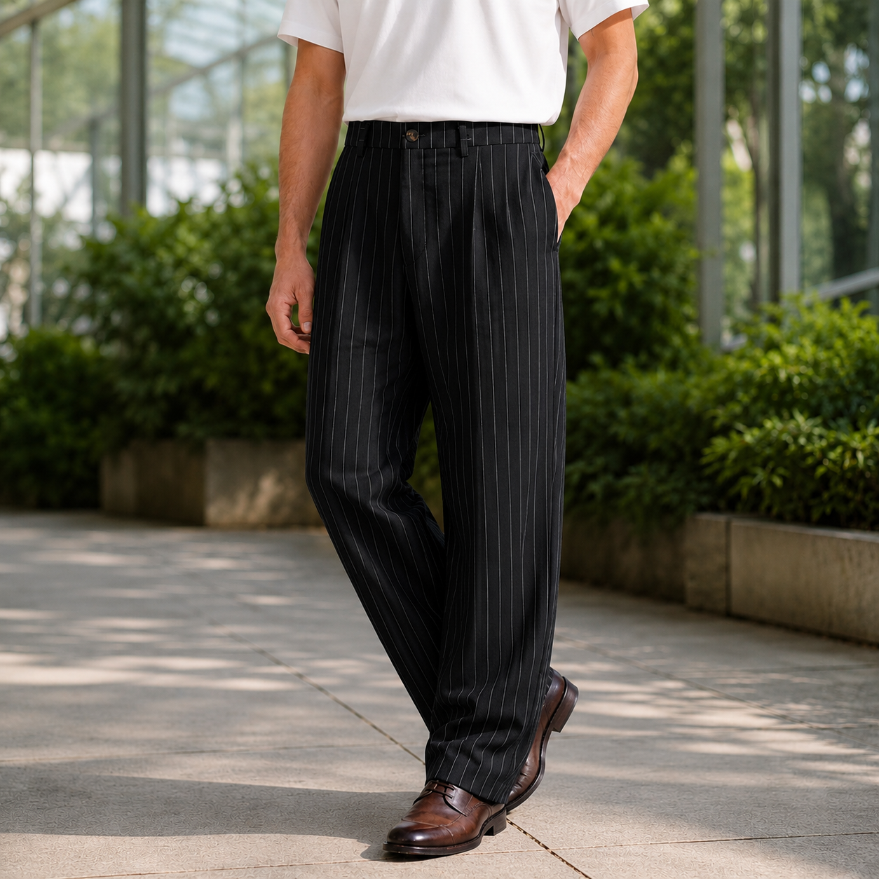 Black pinstripe wide leg pants for men, front view