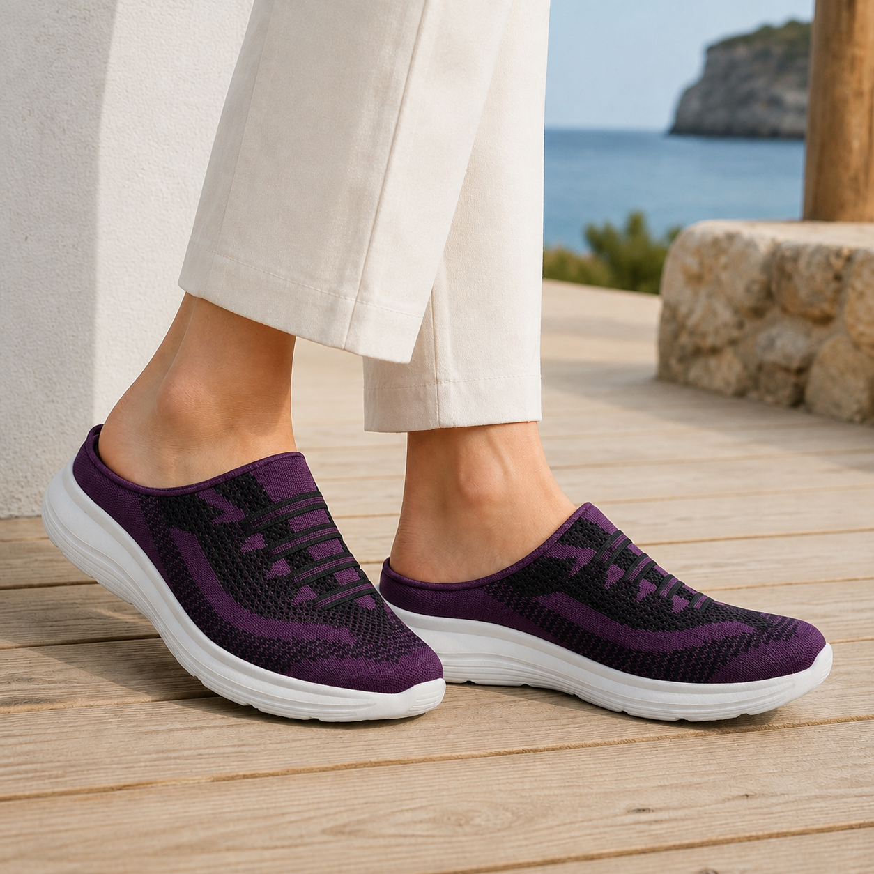 Purple mesh knit slip on sneakers for women, side view