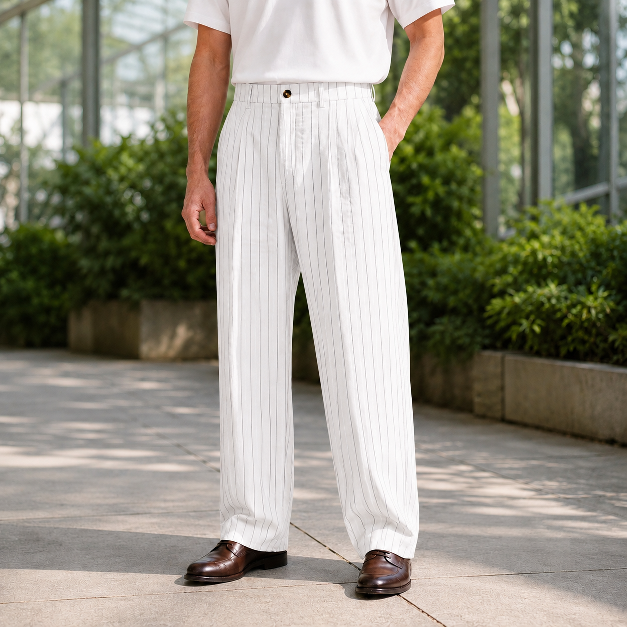 White pinstripe wide leg pants for men, front view