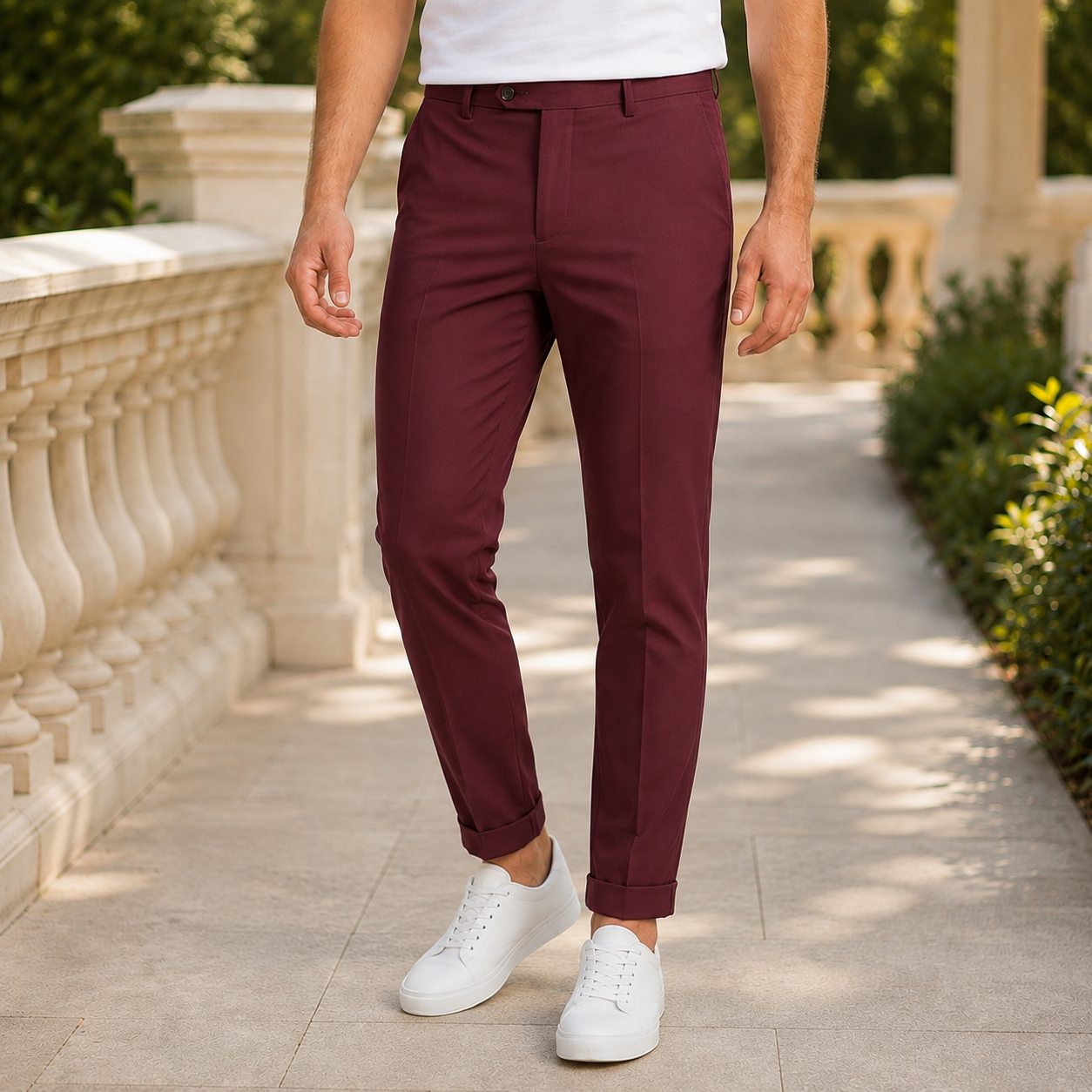 Burgundy tailored pants for men, front view