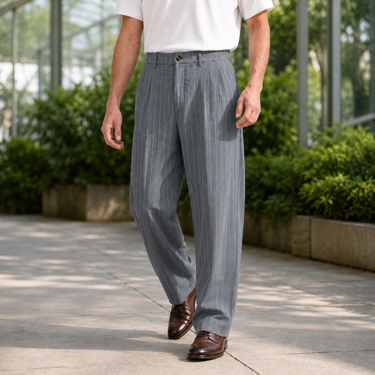 Gray pinstripe wide leg pants for men, front view