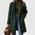 Dark green plaid coat for women, front view worn open over a knit