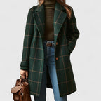 Dark green plaid coat for women, front view worn open over a knit