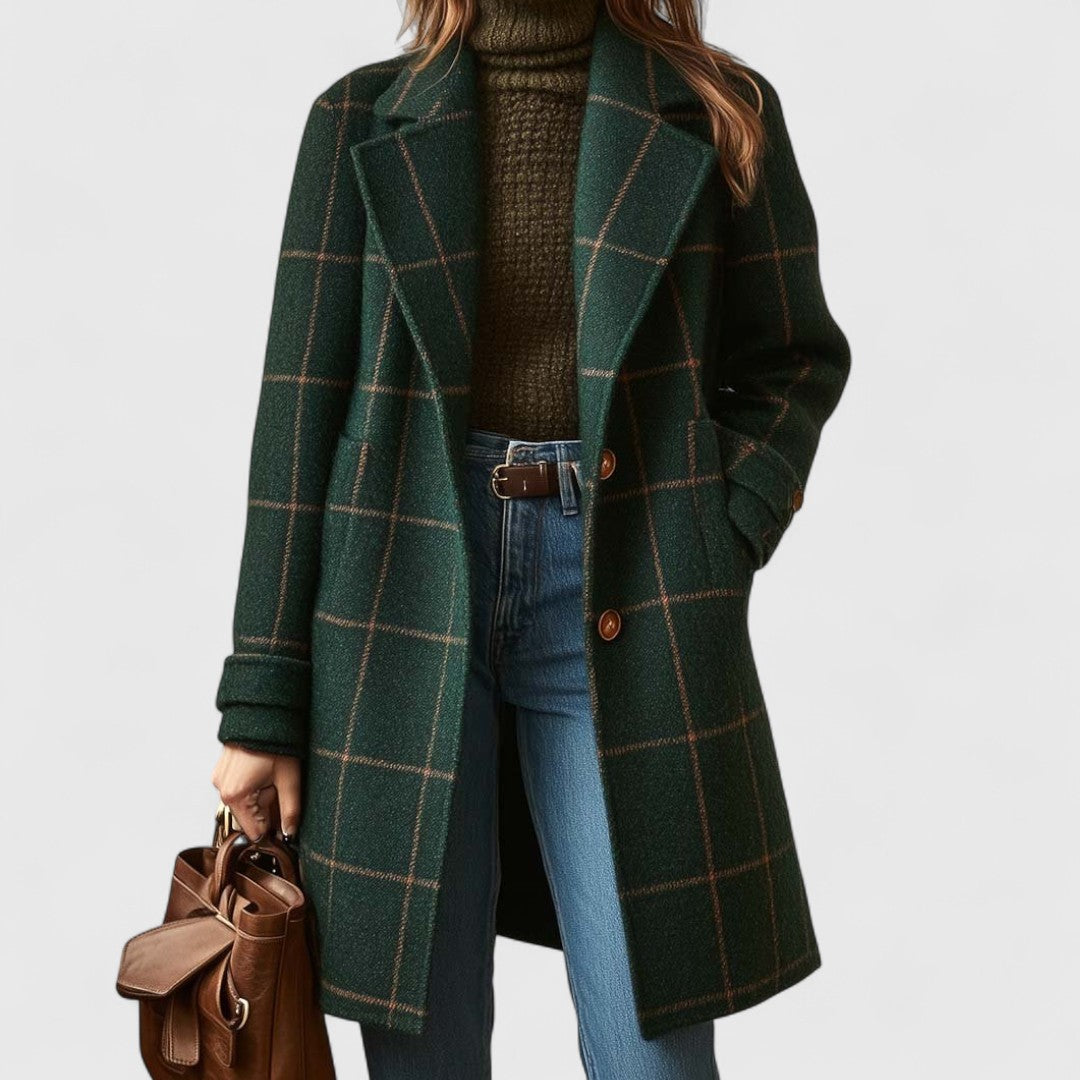 Dark green plaid coat for women, front view worn open over a knit