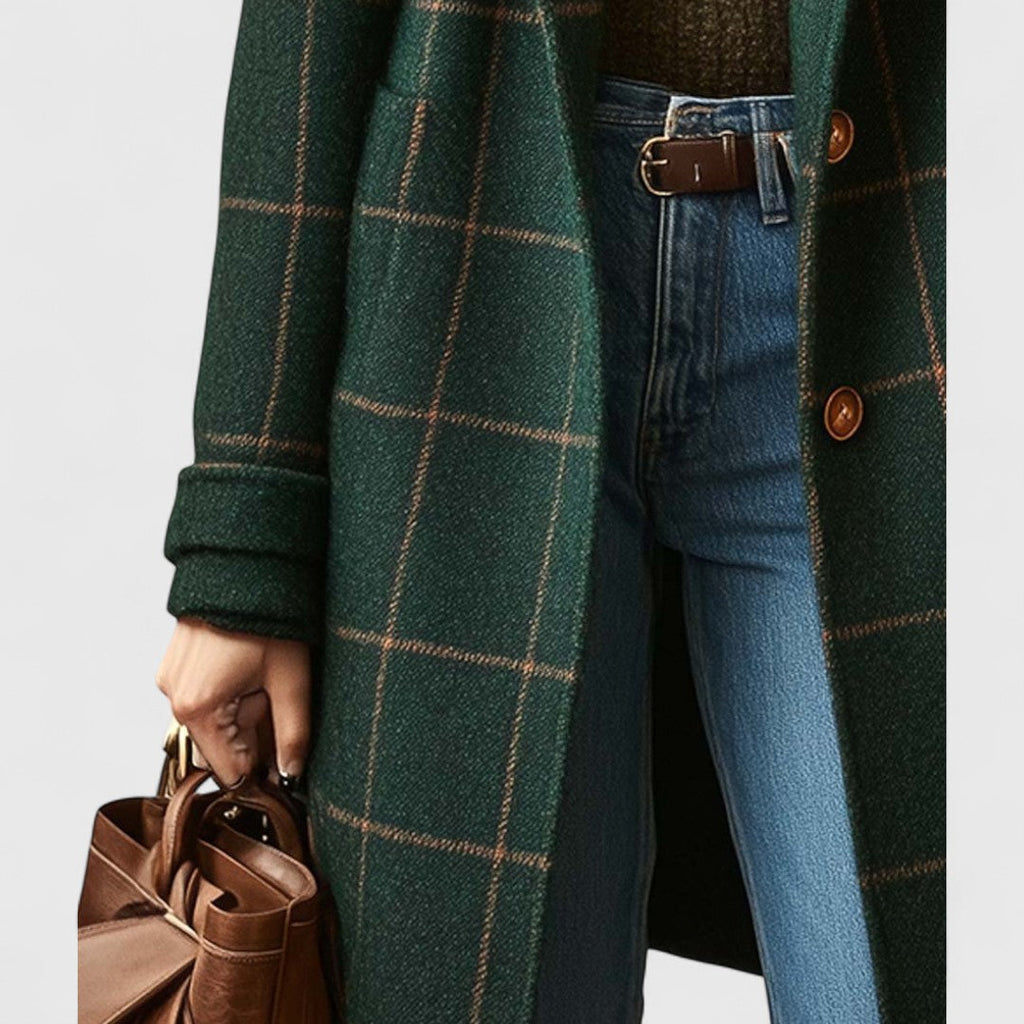 Dark green plaid coat for women, side view showing the muted check pattern