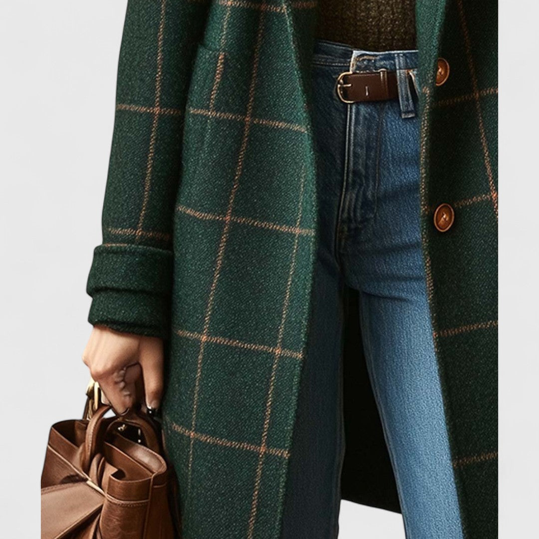 Dark green plaid coat for women, side view showing the muted check pattern