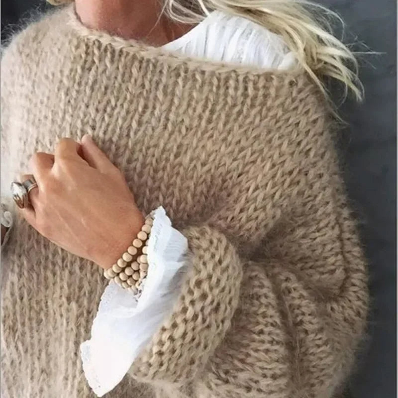 Oversized mohair sweater for women in khaki, flat lay front view
