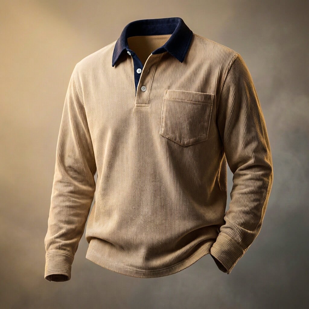 Men's corduroy long sleeve polo shirt in Khaki Brown