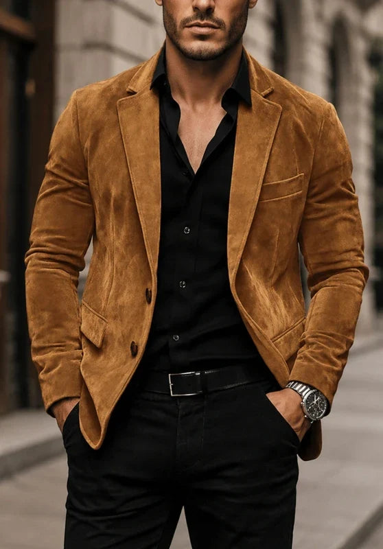 Men's suede blazer in Khaki, front view buttoned