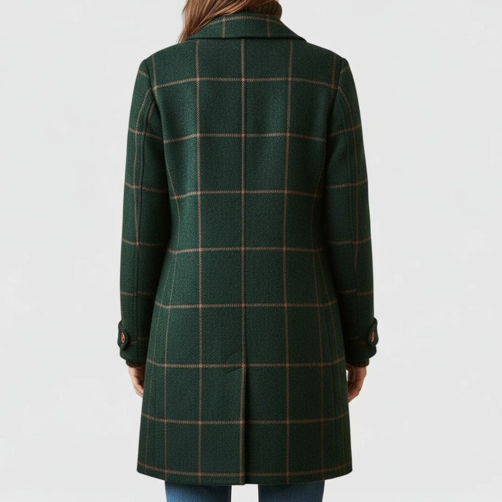 Dark green plaid coat for women, full-length view showing the tailored waist