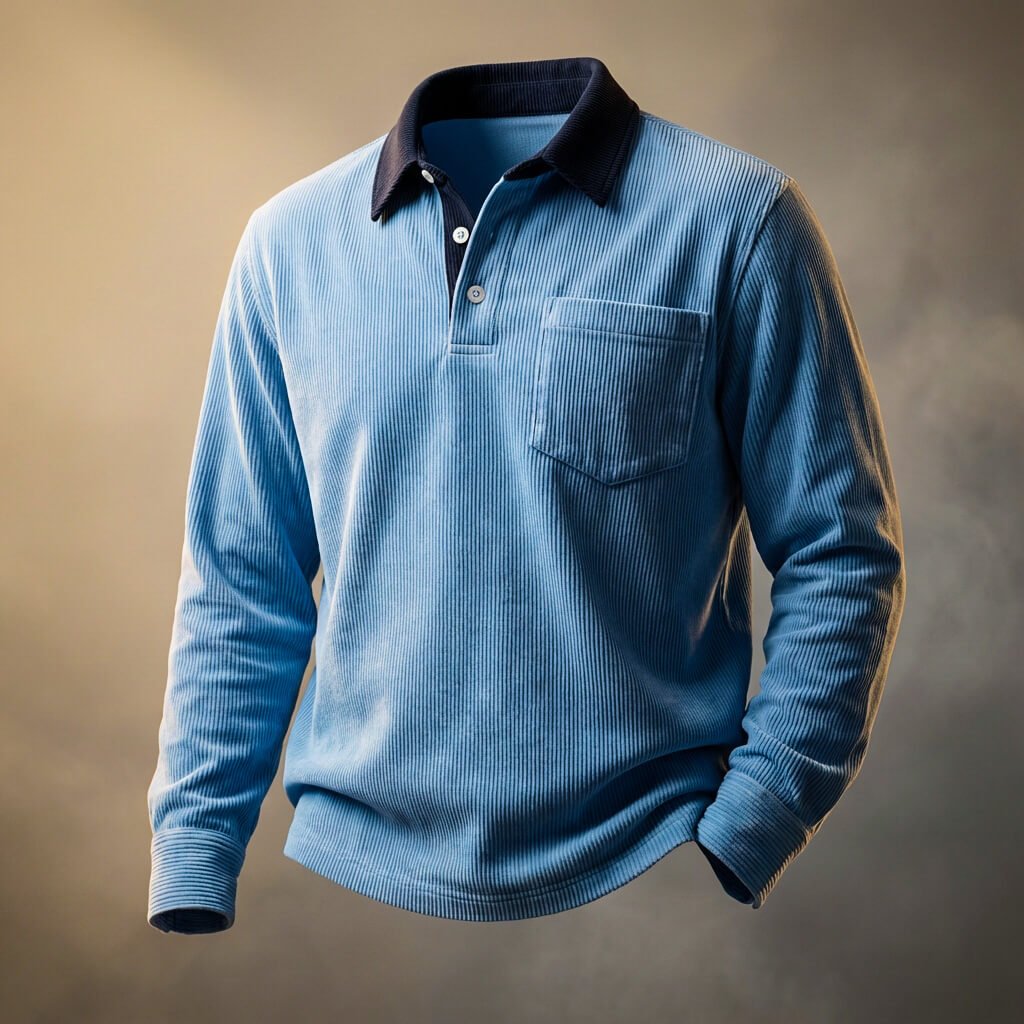 Men's corduroy long sleeve polo shirt in Baby Blue