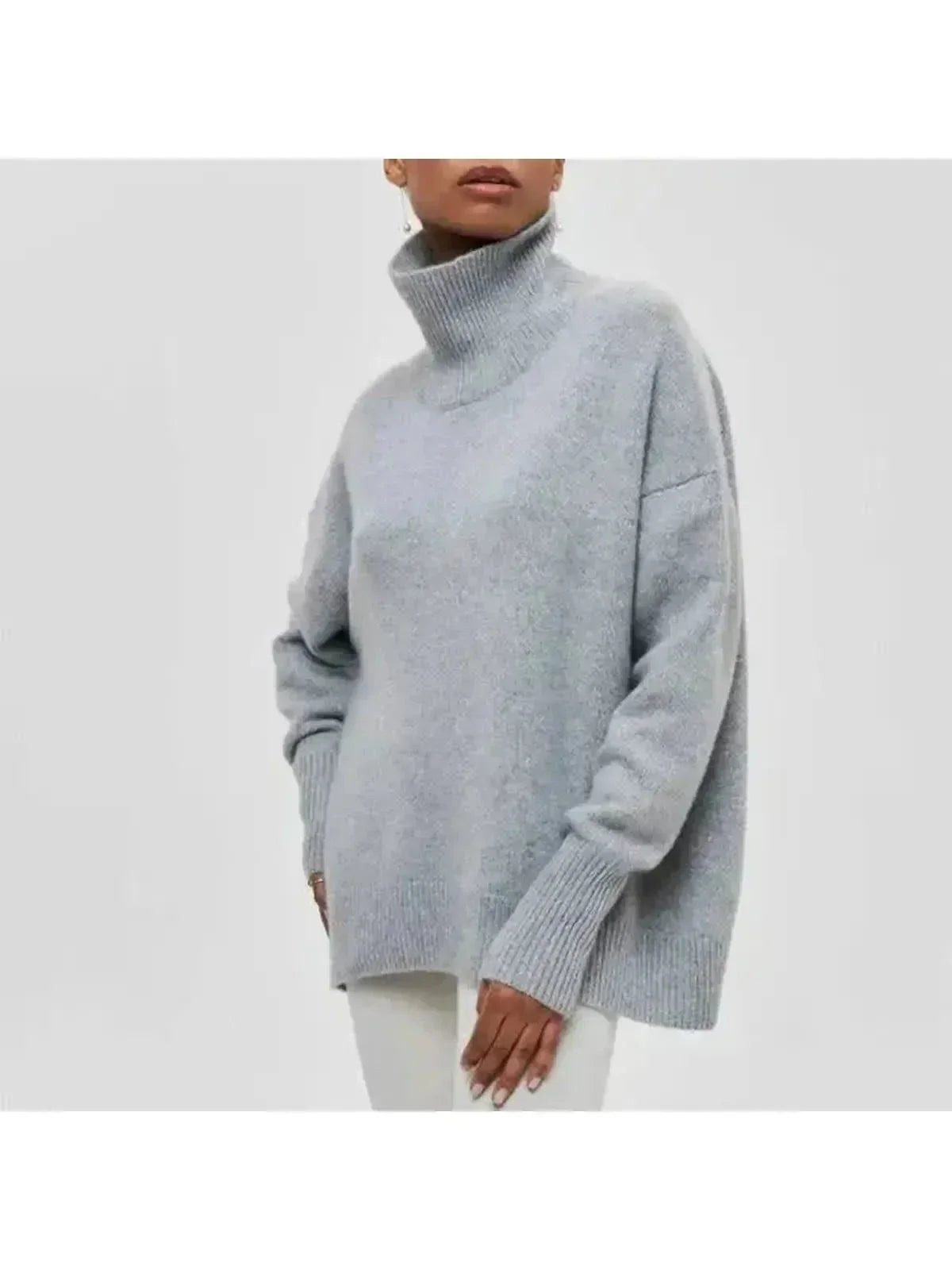 Oversized turtleneck sweater in Gray, shown against a plain studio background