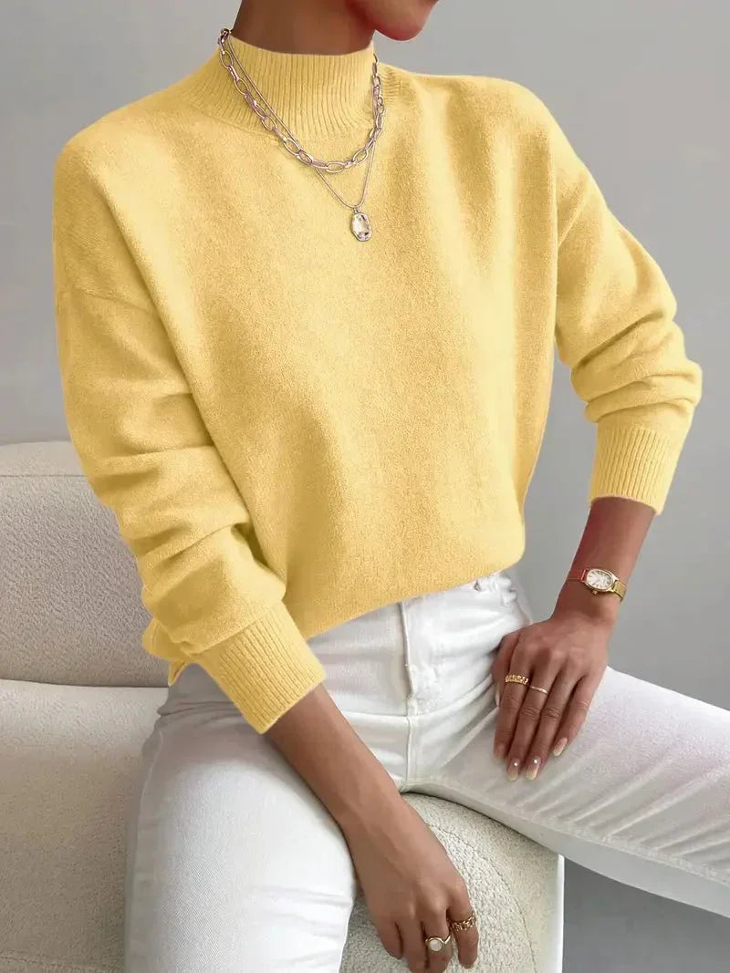 Turtleneck sweater for women in yellow, showing the high neckline
