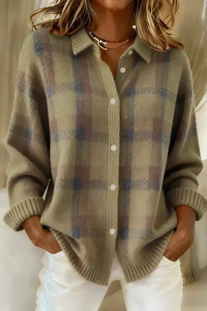 Brown colourway of the checked knit, hem falling past the hip