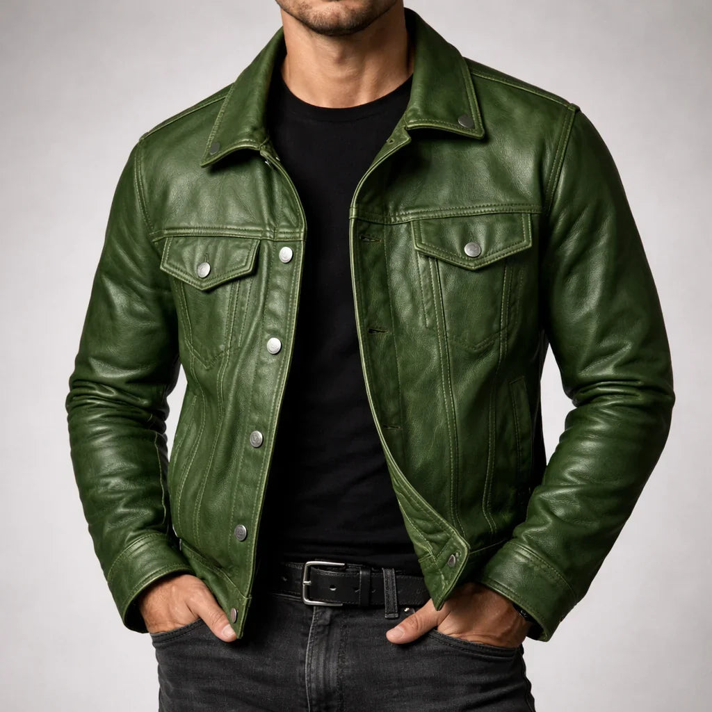 Men's Leather Jacket, button-front placket and chest pockets