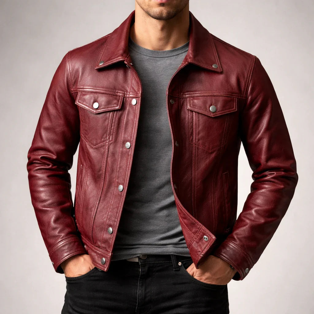 Men's Leather Jacket, trucker-style yoke and stitching