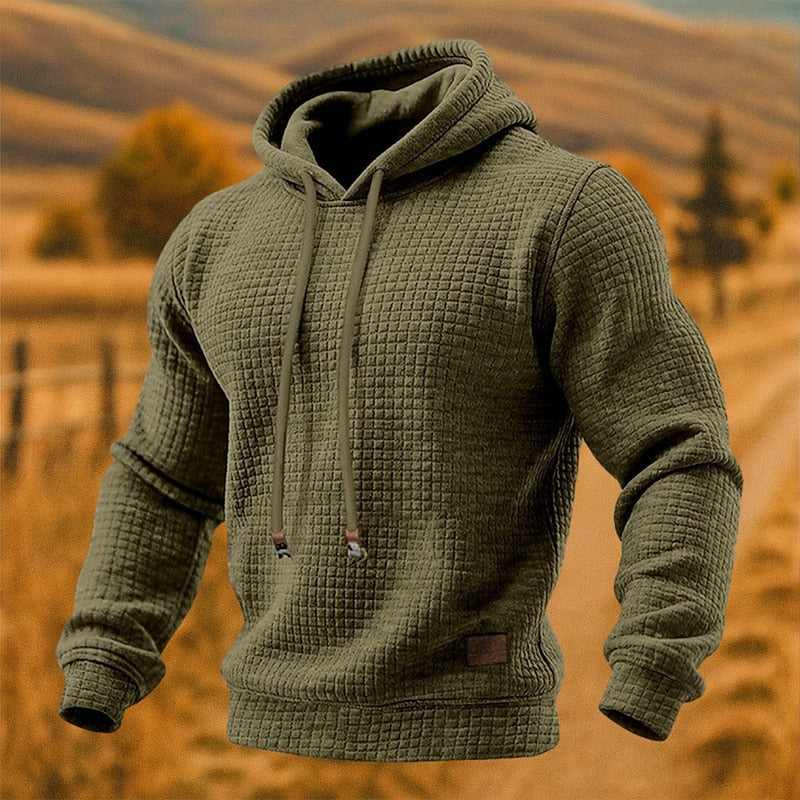 Army green waffle knit pullover hoodie for men, front view