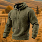 Army green waffle knit pullover hoodie for men, front view