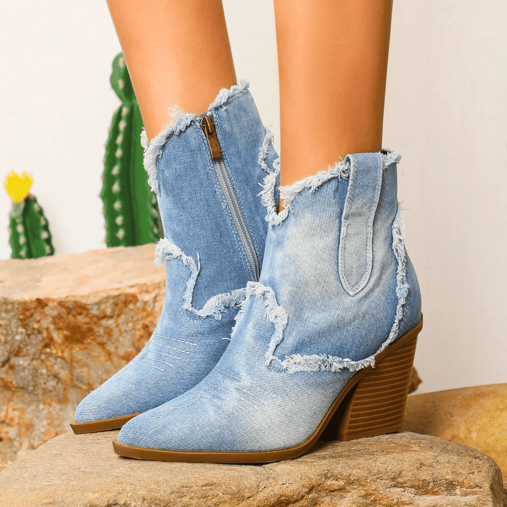 Denim block heel ankle boots in Denim Blue
