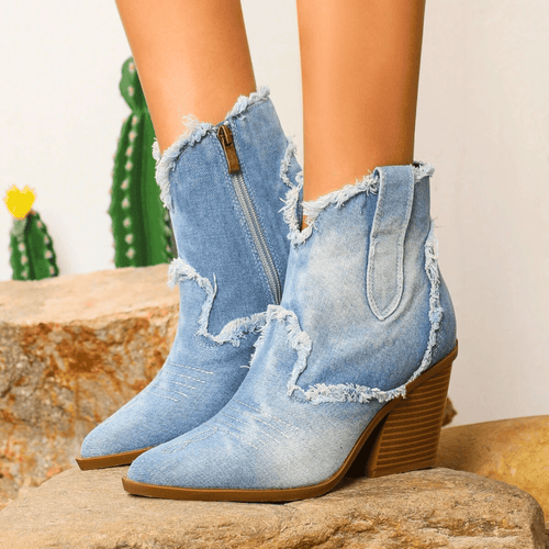Denim block heel ankle boots in Denim Blue