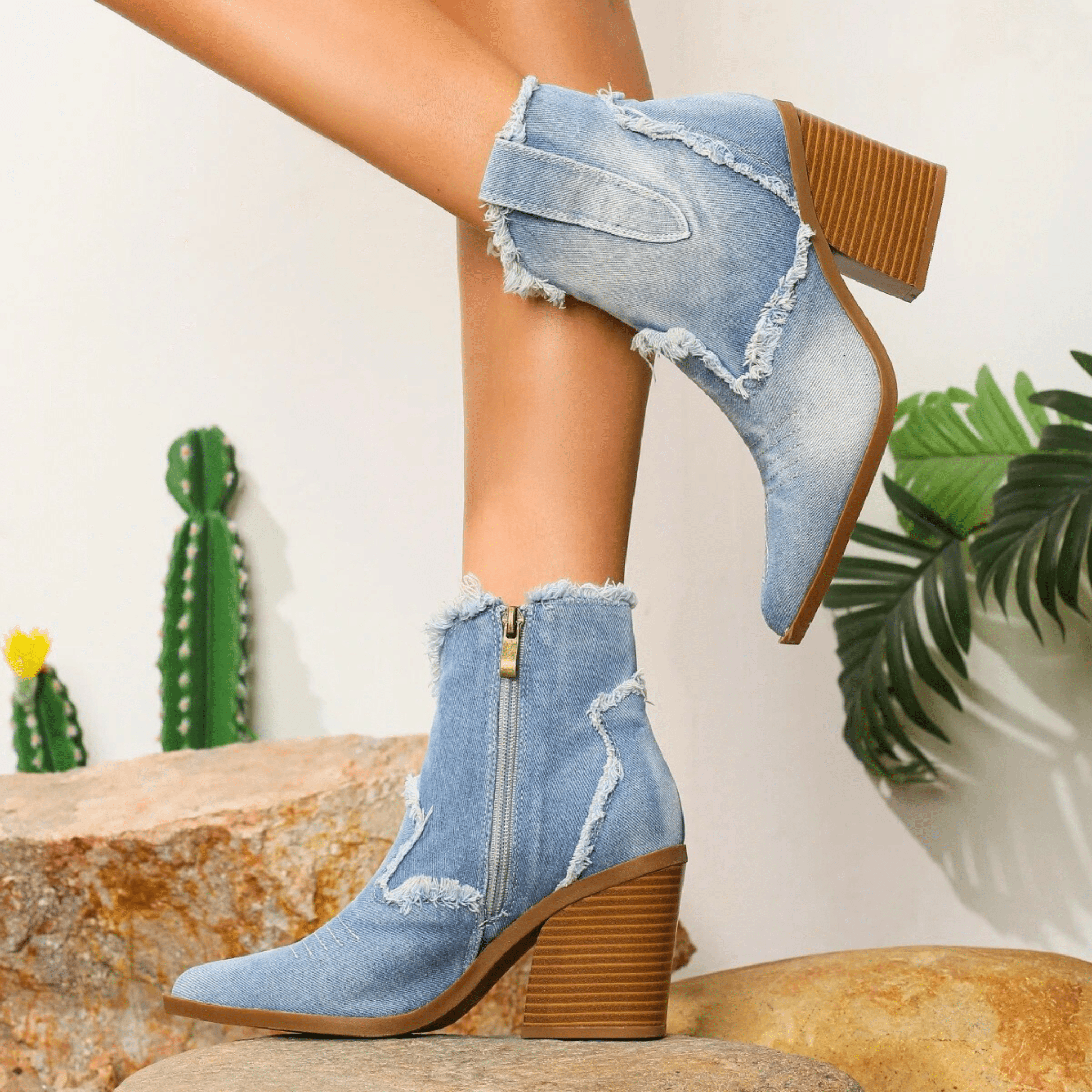 Denim block heel ankle boots — shown in profile
