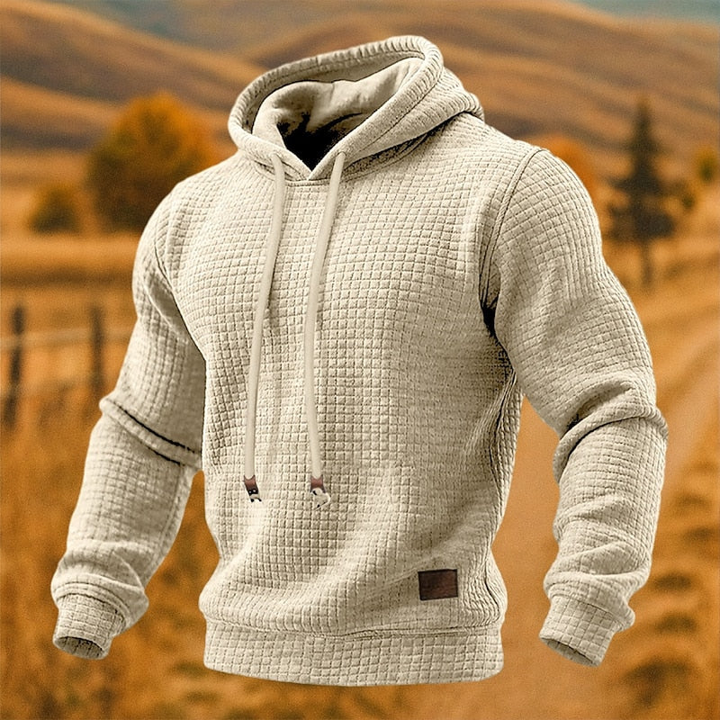 Apricot waffle knit pullover hoodie for men, front view