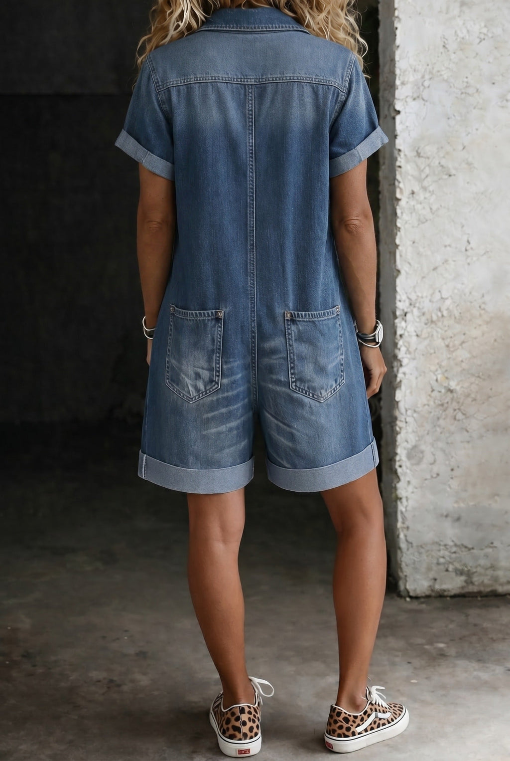 Women's short jumpsuit, detail of the patch pockets and cropped leg