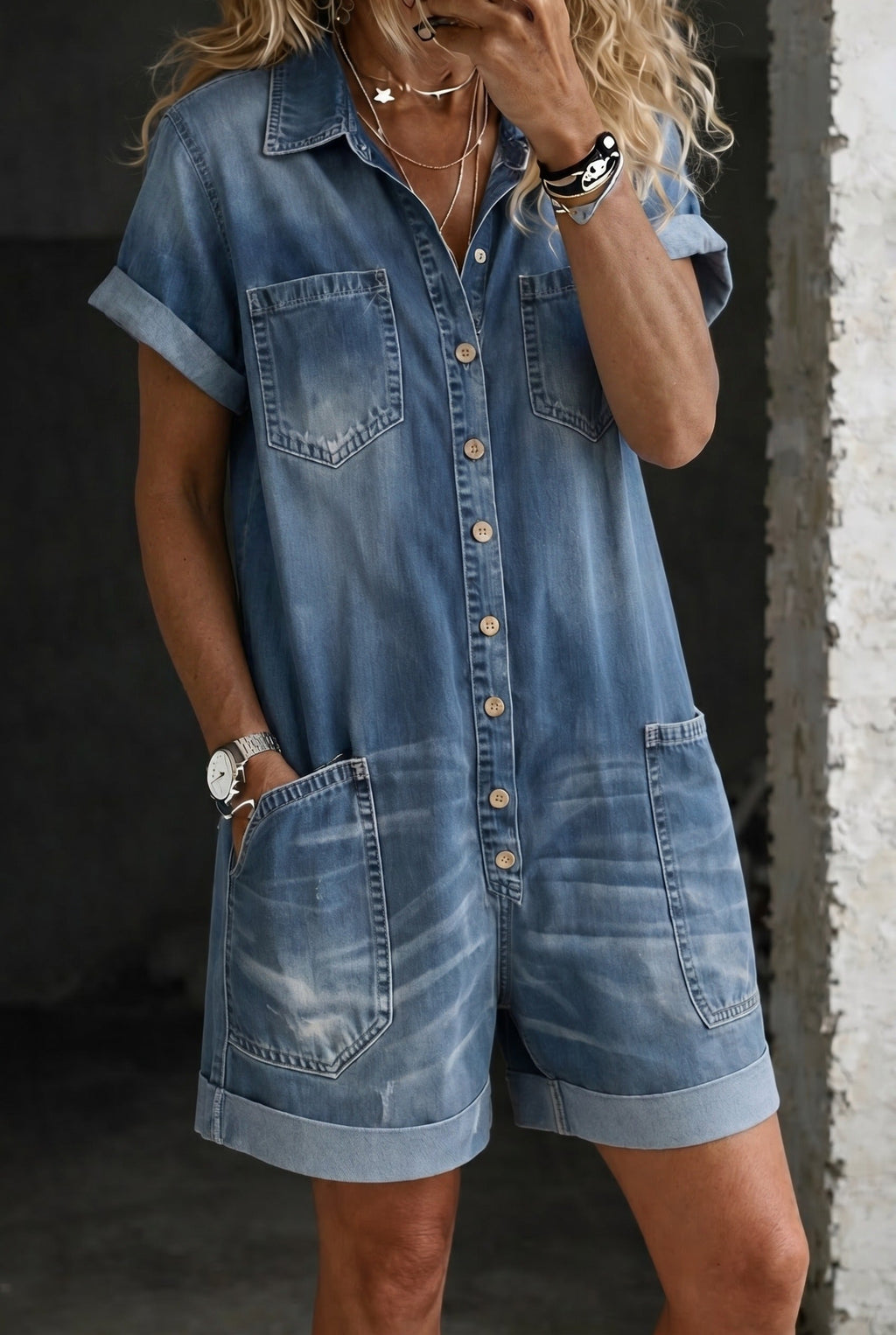 Women's short jumpsuit in Blue, front view