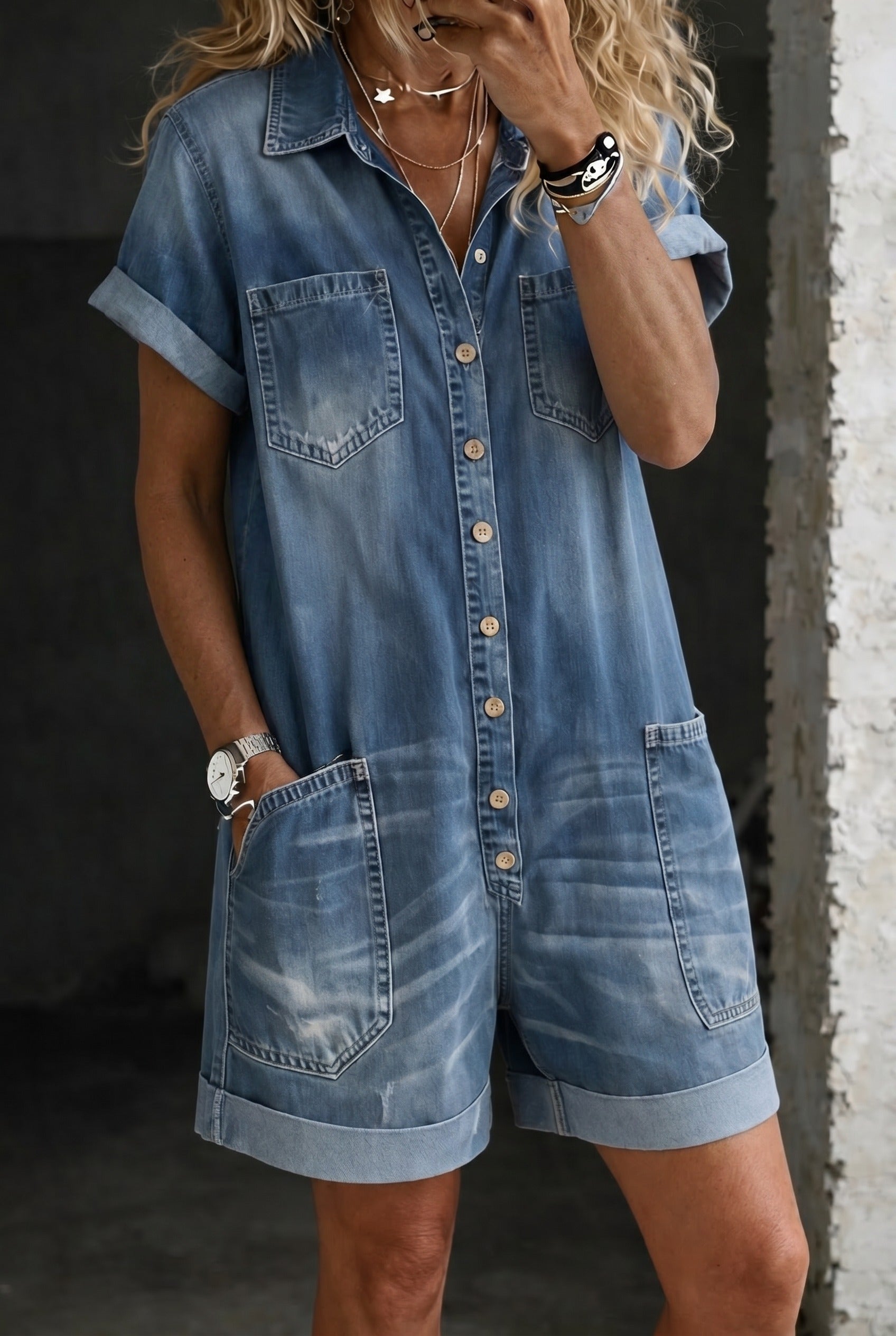 Women's short jumpsuit in Blue, front view