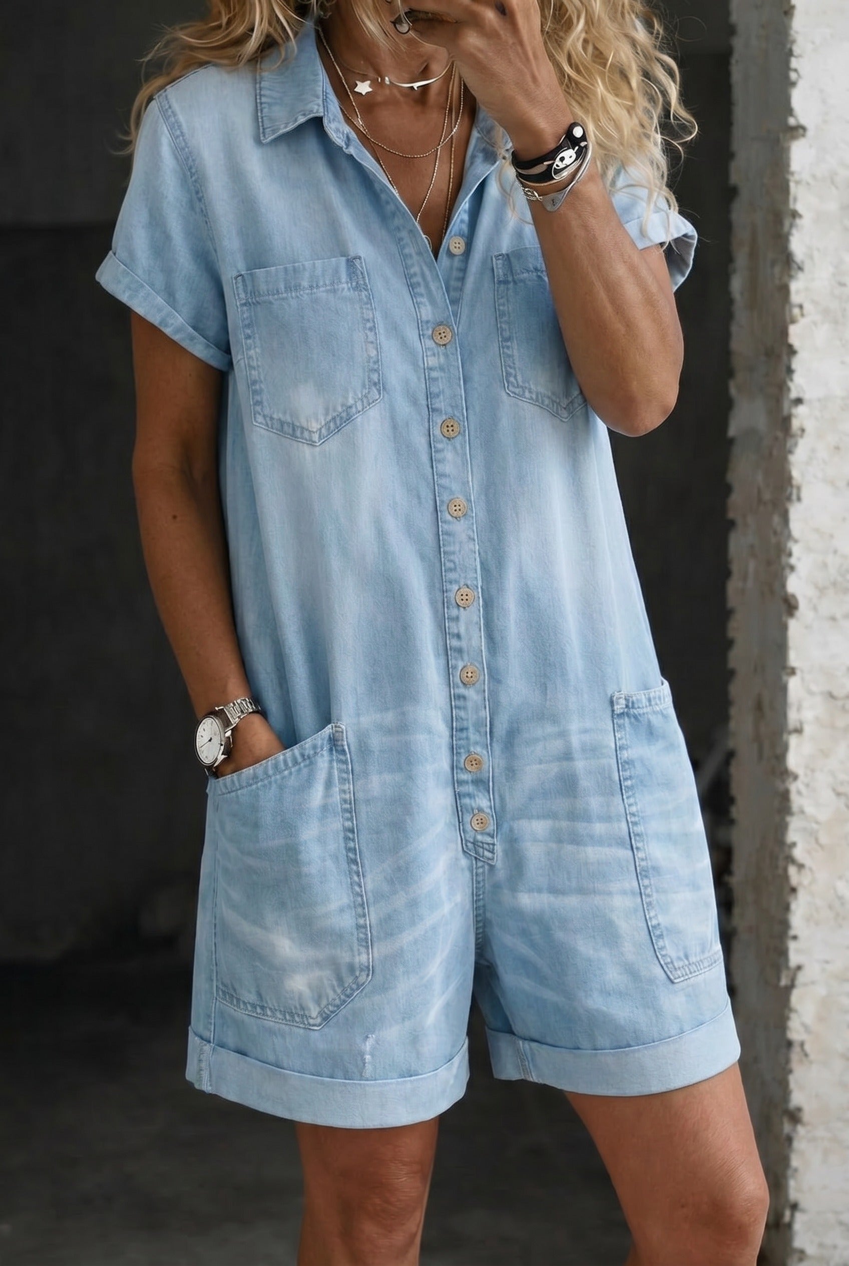 Women's short jumpsuit in Sky Blue, front view
