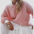 Oversized mohair sweater for women in pink, flat lay showing the tapered wrist cuffs