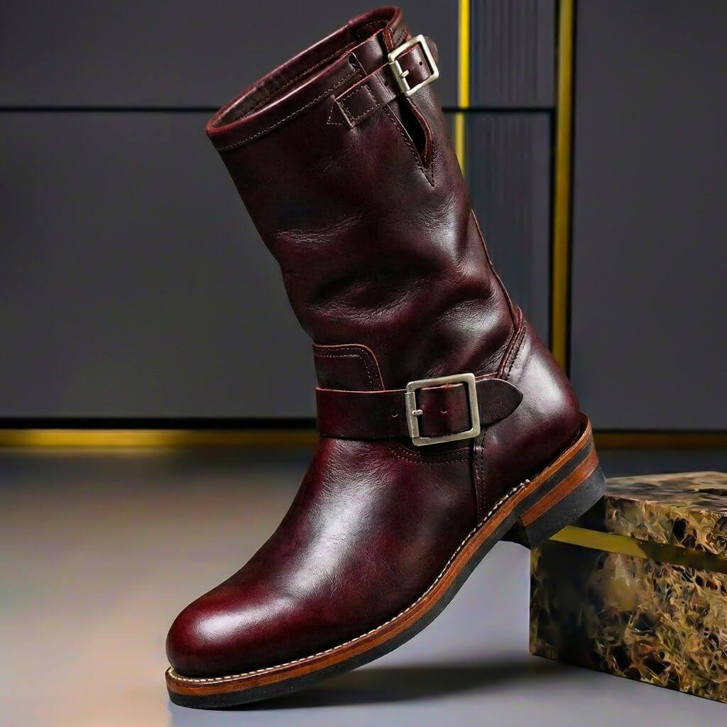 Burgundy red leather boot for men, product view