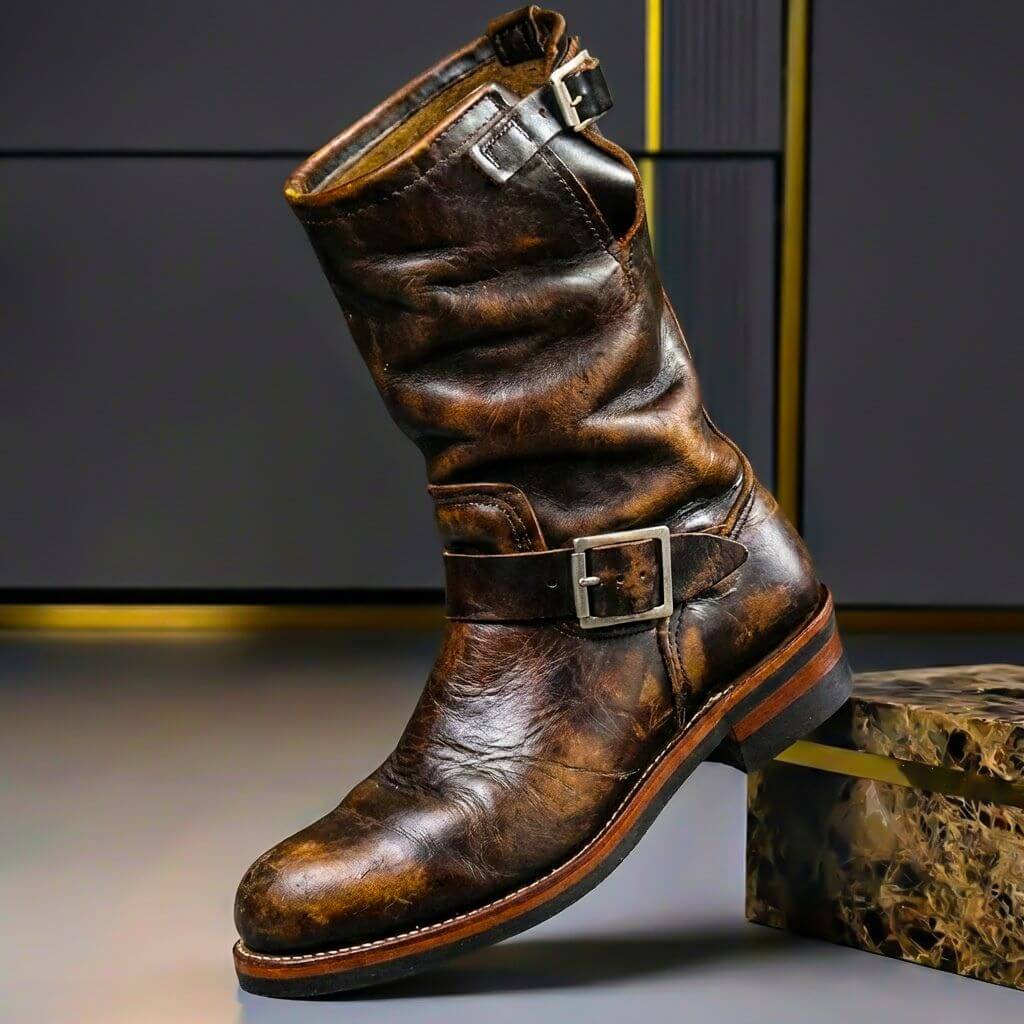 Retro brown leather boot for men, side profile